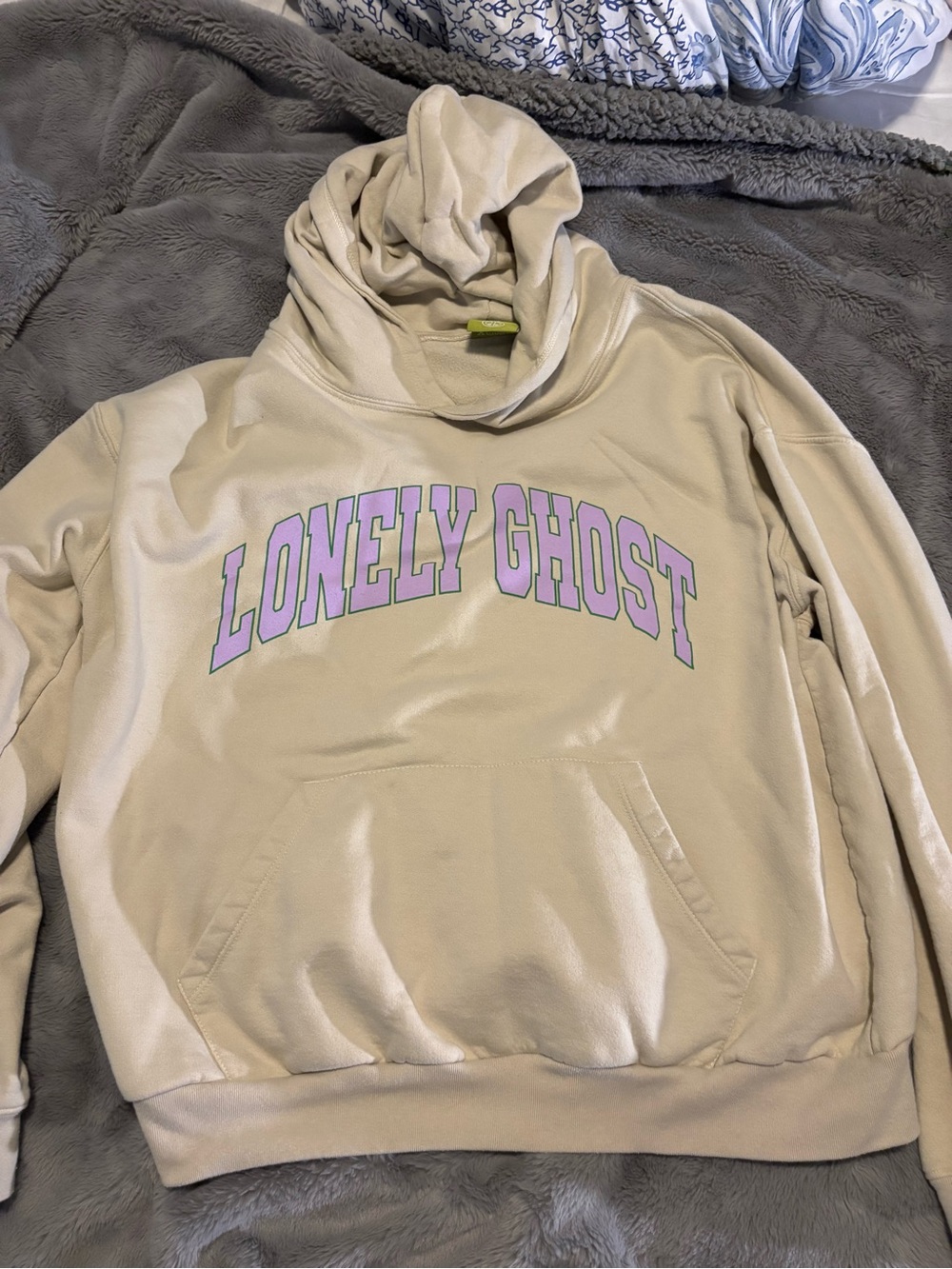 LONELY GHOST Cream Hoodie with Green Tag